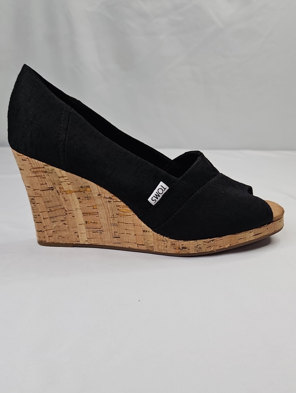TOMS Black Cork Classic Wedge Peep-Toe Slip-On Sandal Size 9.5W
